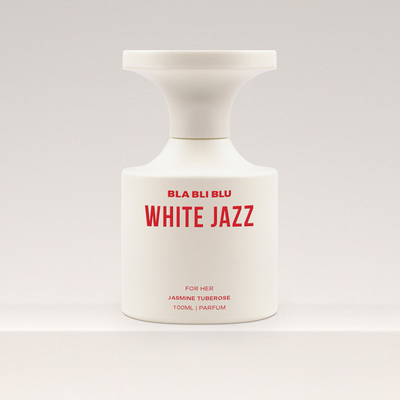 Perfume bottle labeled 'White Jazz' by BLA BLI BLU on a white background