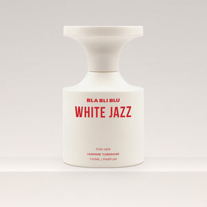 Perfume bottle labeled 'White Jazz' by BLA BLI BLU on a white background