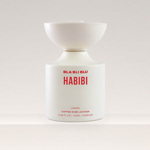 White perfume bottle with red text on a light gray background