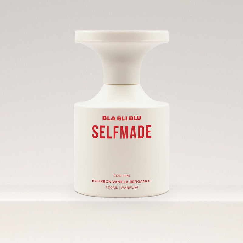 Perfume bottle labeled 'BLA BLI BLU Selfmade' on a white background