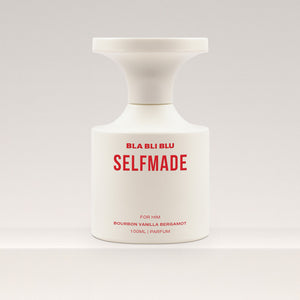 Perfume bottle labeled 'BLA BLI BLU Selfmade' on a white background