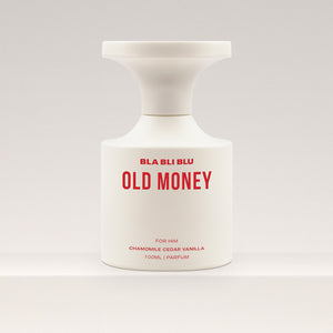 White perfume bottle labeled 'BLA BLI BLU Old Money' on a light gray background
