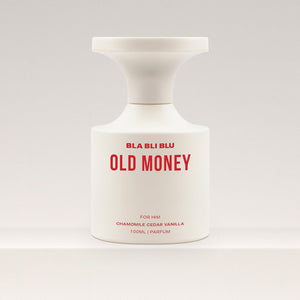 White Men perfume bottle labeled 'Old Money Perfume ' by BLA BLI BLU on a light gray background