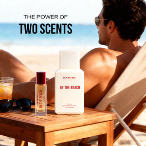 Man relaxing on a beach with 'By the Beach' perfume bottle.