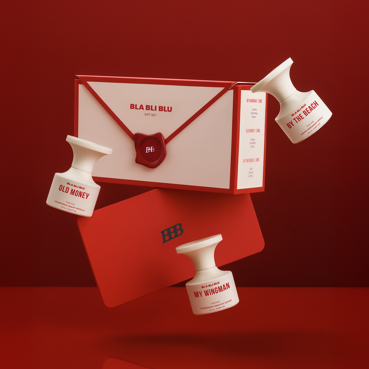 Red gift box with perfume bottles labeled 'BLA BLU' on a red background