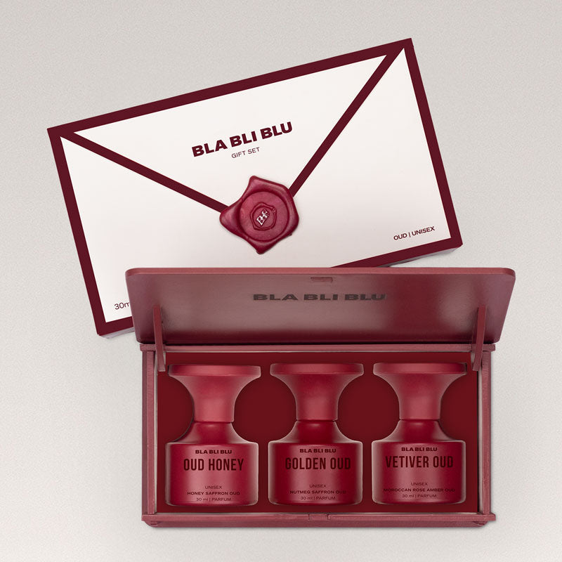 BLA BLI BLU oud gift set with three containers on a white background
