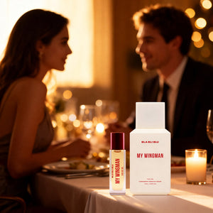 Two people at a romantic dinner with a 'My Wingman' perfume