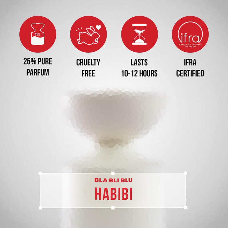 Product packaging with 'Habibi' branding and certification icons on a gray background