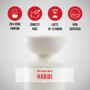 Product packaging with 'Habibi' branding and certification icons on a gray background