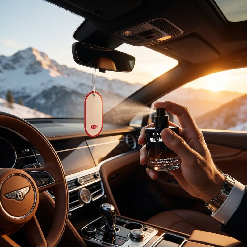 Spraying One Hand Drive luxury car perfume onto a diffuser tag hanging from the rearview mirror