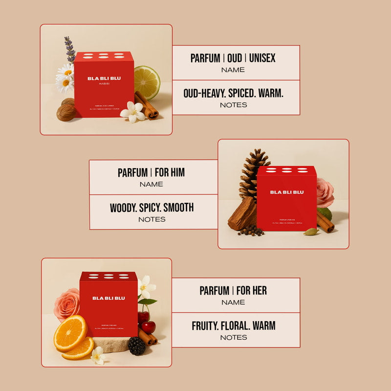 BLA BLU perfume packaging with product descriptions on a beige background