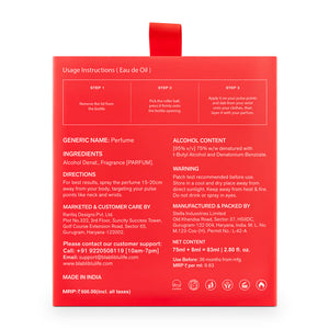 Red perfume bottle packaging with usage instructions and product details .
