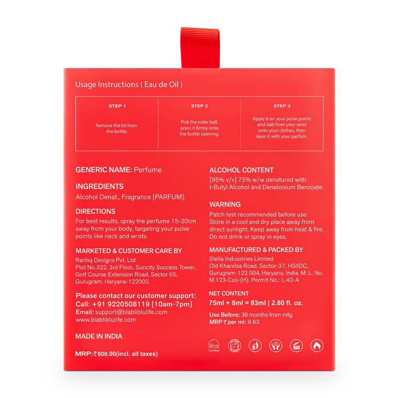Red perfume bottle packaging with usage instructions.