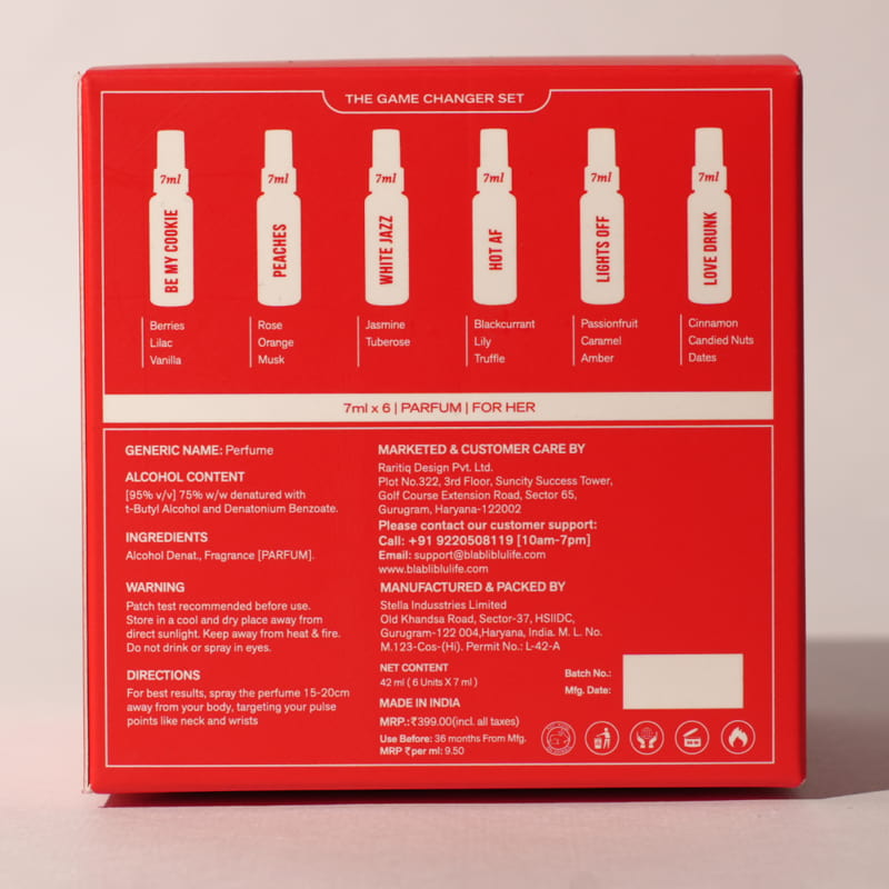 Red box packaging for a perfume set with product names and details on a light pink background
