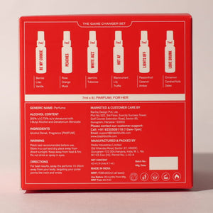 Red box packaging for a perfume set with product names and details on a light pink background