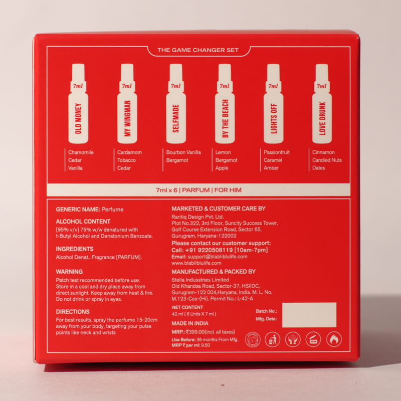 Red box packaging for a set of men's perfumes with product names listed.