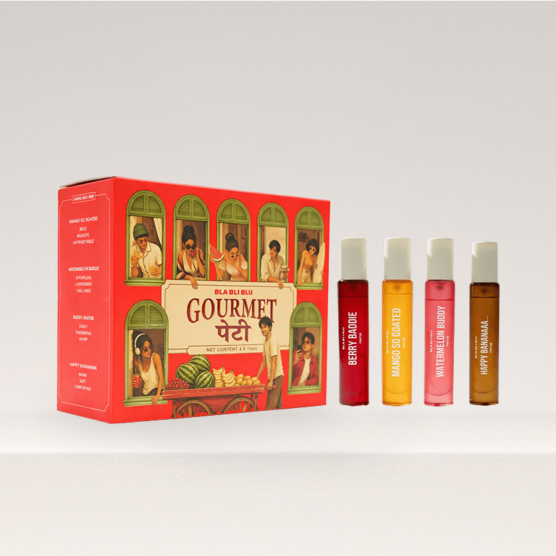 A red illustrated product box labeled 'Bla Blai Blai Gourmet Cheezi' stands next to four small vertical sample vials.