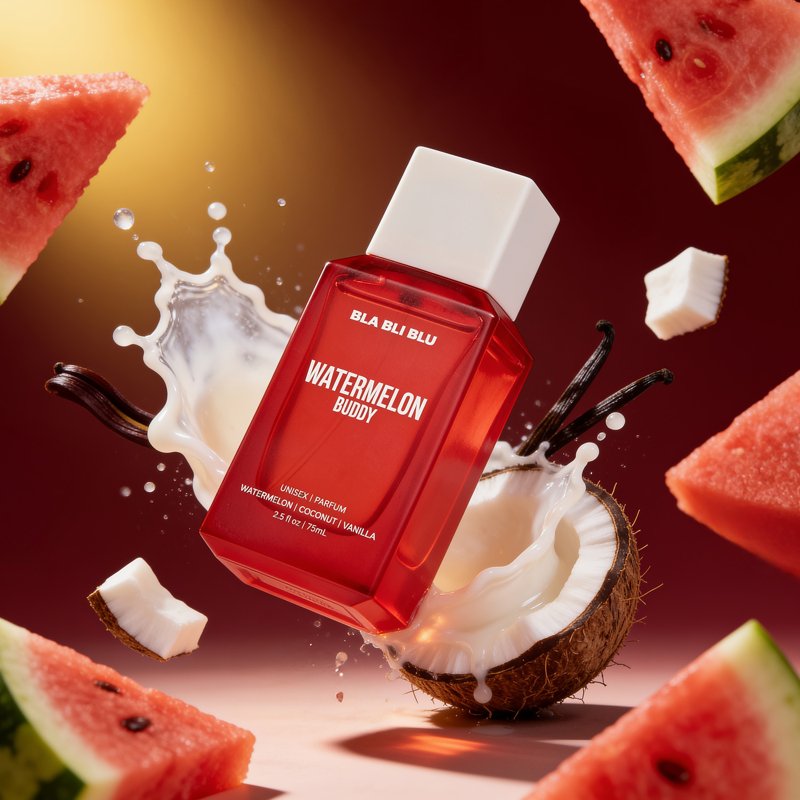 A red rectangular bottle labeled 'BLA BLI BLU Watermelon Buddy' floating among watermelon slices, a halved coconut, vanilla beans, and milk splashes.