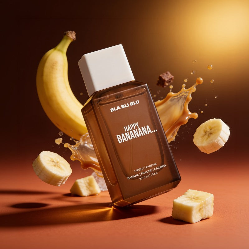 A bottle of BLA BLI BLU Happy Bananana fragrance shown floating in a stylized studio scene with a banana, banana slices.