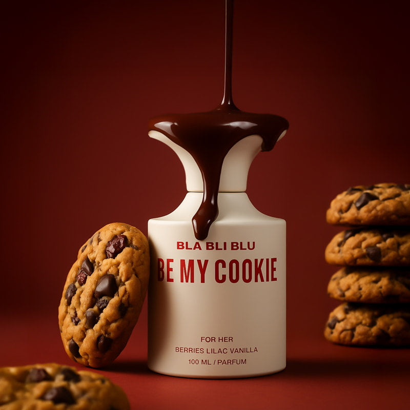 Bottle of BLA BLI BLU women perfume with cookies on a red background
