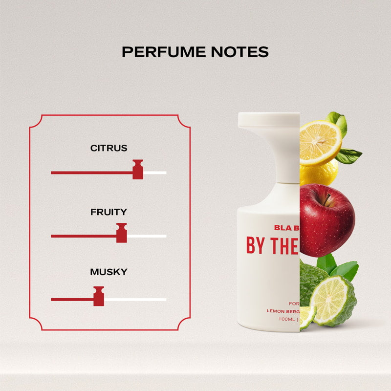 Perfume Note bottle with fruit illustrations and perfume notes on a light gray background