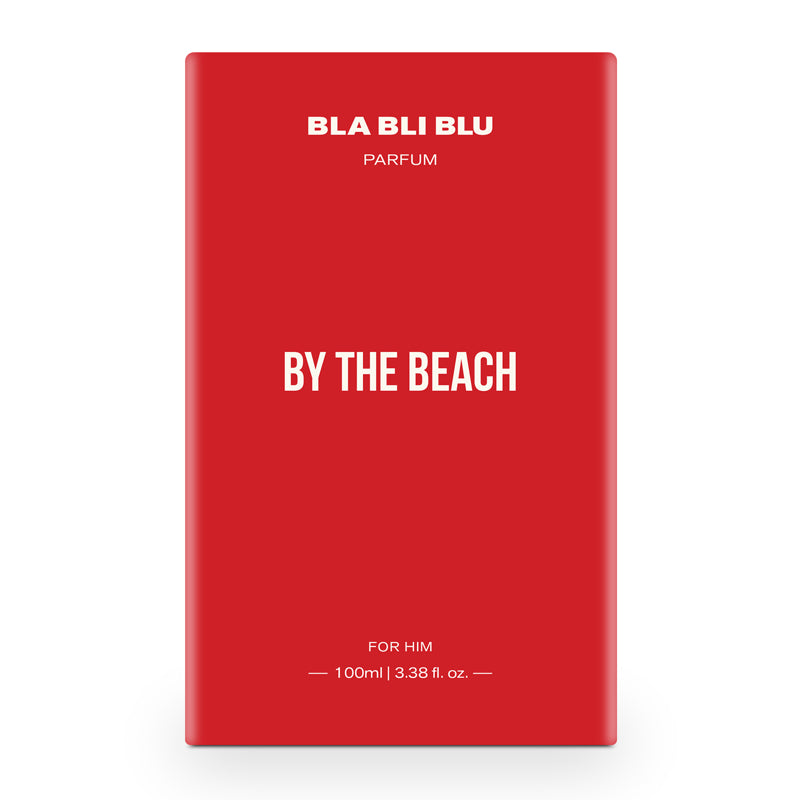 Red perfume packaging with 'BLA BLI BLU' and 'By the Beach' text on a white background