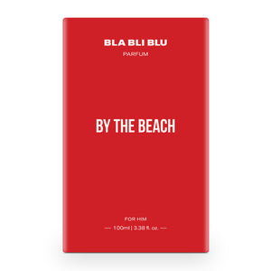 Red perfume packaging with 'BLA BLI BLU' and 'By the Beach' text on a white background