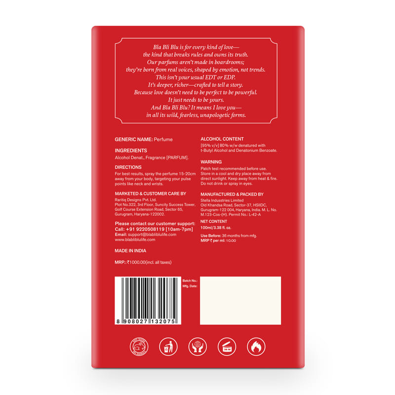 Back of a red perfume bottle packaging with text and product details.