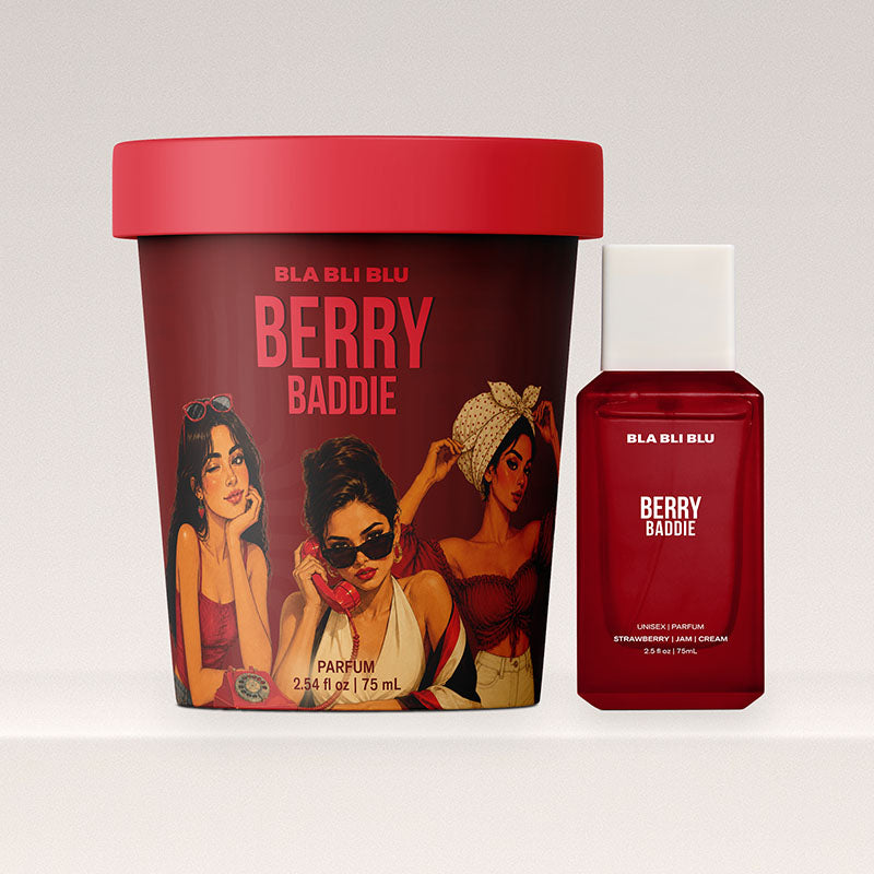 Bla Bli Blu Berry Baddie perfume set featuring a large red-lidded jar with illustrated women on the label.