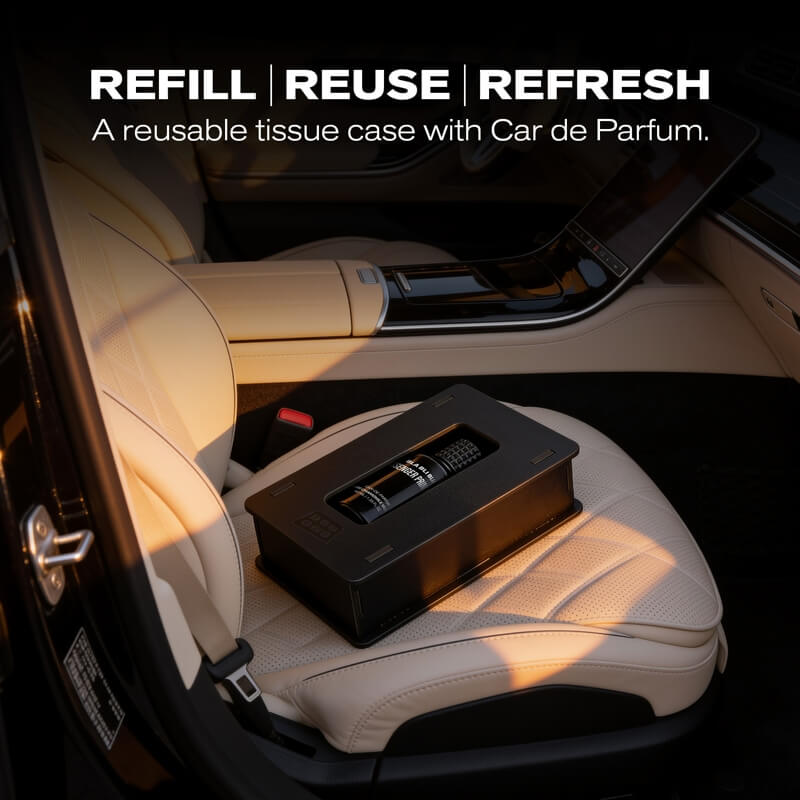 Bla Bli Blu Passenger Princess luxury car perfume bottle inside its black reusable tissue case on a leather car sea