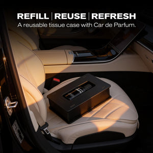 Bla Bli Blu Passenger Princess luxury car perfume bottle inside its black reusable tissue case on a leather car sea