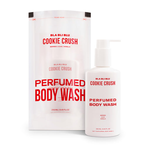 Blu Blu Cookie Crush perfumed body wash packaging on a white background