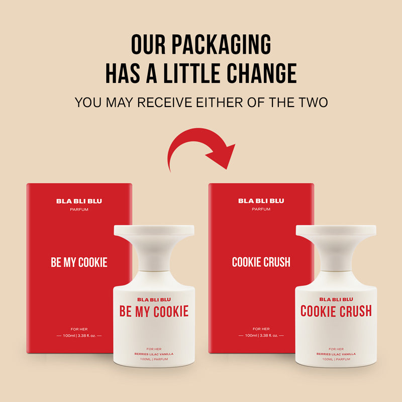 Two versions of BLA BLU perfume bottles and boxes labeled 'Be My Cookie' and 'Cookie Crush' on a beige background.