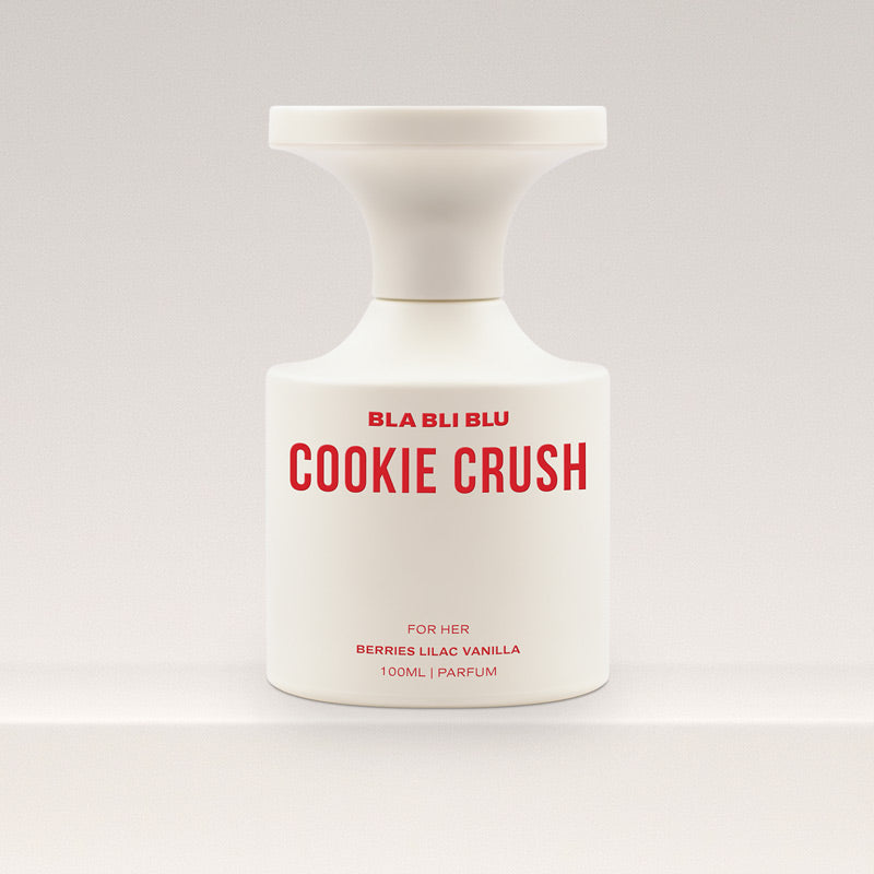 Perfume bottle labeled 'Cookie Crush' by BLA BLU on a white background