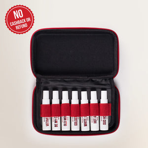 Set of white bottles with red labels in a black case on a beige background, with a 'No Cashback or Refund' badge.
