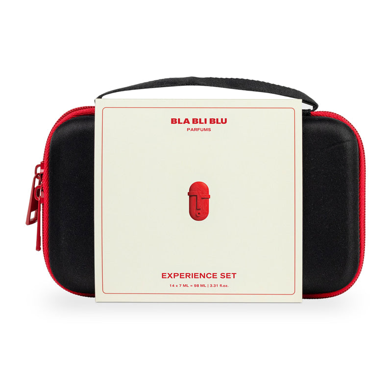 Black and red cosmetic case with 'BLA BLU BLU' branding on a white background