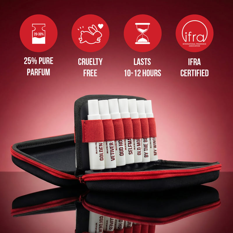 Set of perfume samples in a case with certification icons on a red background