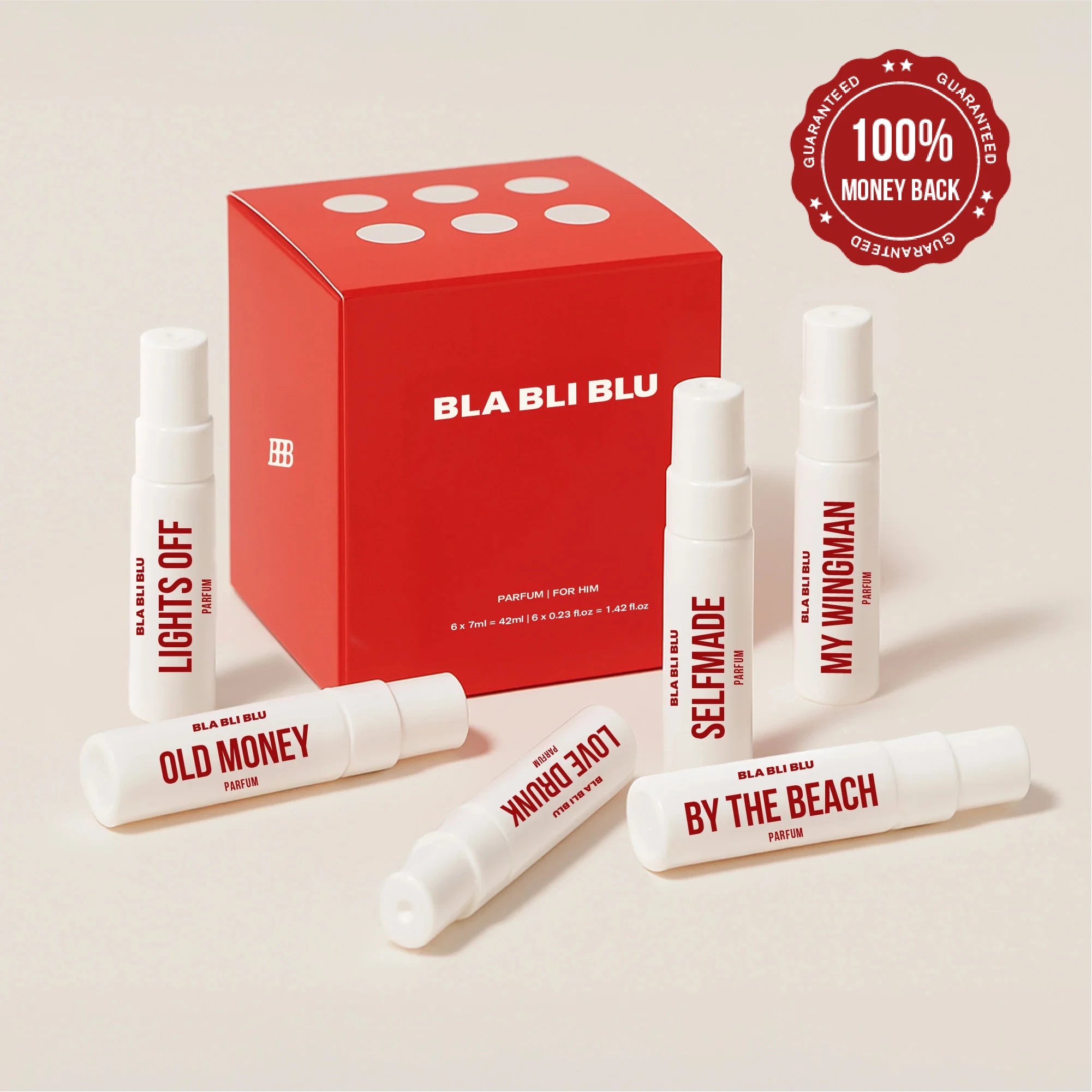 BLA BLU perfume set with red box and white bottles on a beige background