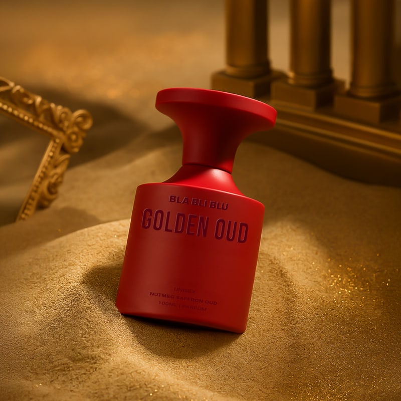 Red perfume bottle labeled 'GOLDEN OUD perfume' on a sandy surface with classical columns in the background.
