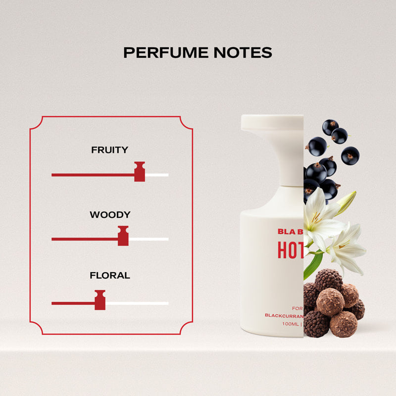 Perfume bottle with floral, woody, and fruity notes on a light gray background