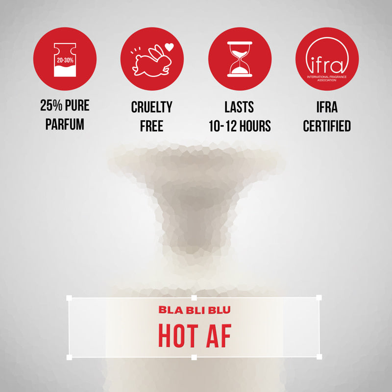 Product packaging with features listed and 'BLA BLI BLU HOT AF' branding.