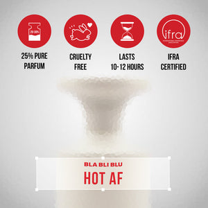 Product packaging with features listed and 'BLA BLI BLU HOT AF' branding.