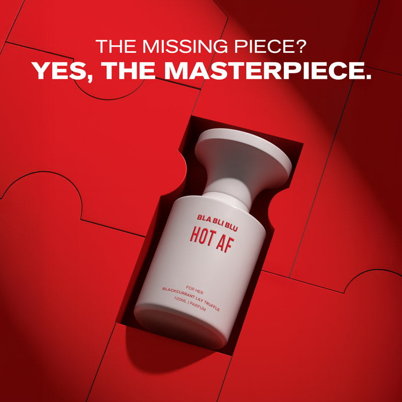 White bottle with red text on a red background with puzzle piece design