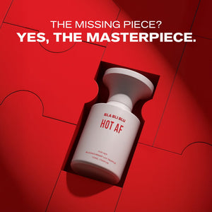 White bottle with red text on a red background with puzzle piece design