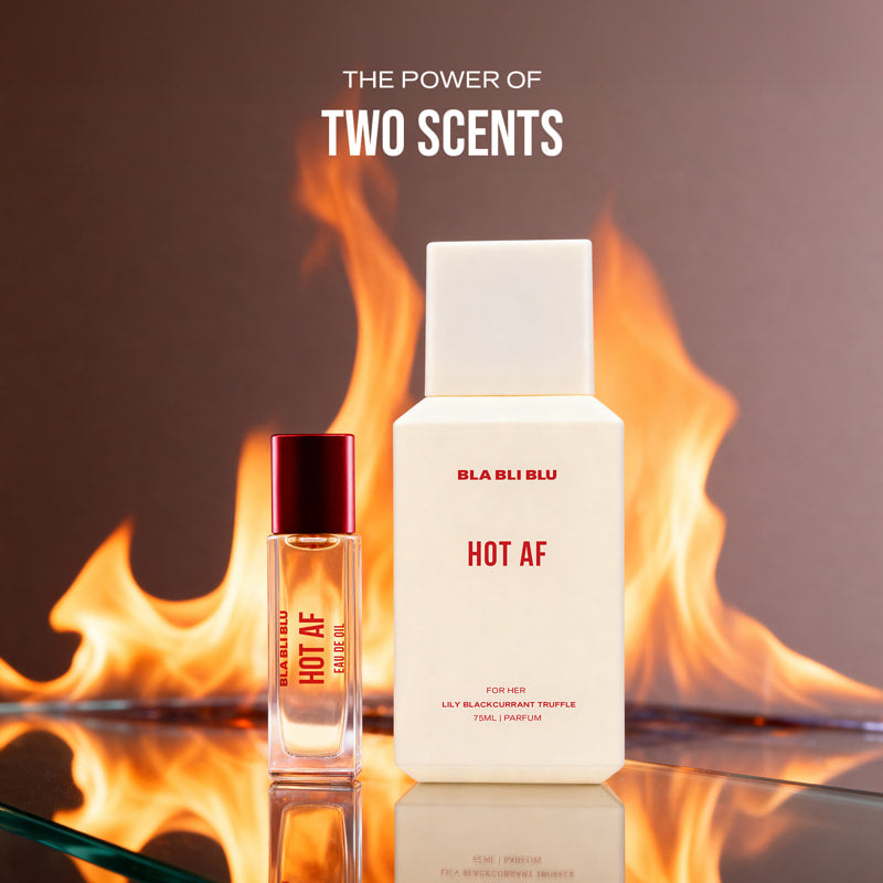 Two perfume bottles labeled 'BLA BLU BLU' with 'HOT AF' on fire