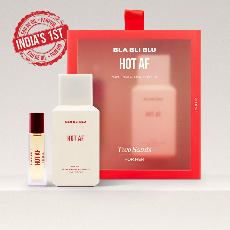 Perfume set with 'BLA BLU HOT AF' branding on a light gray background