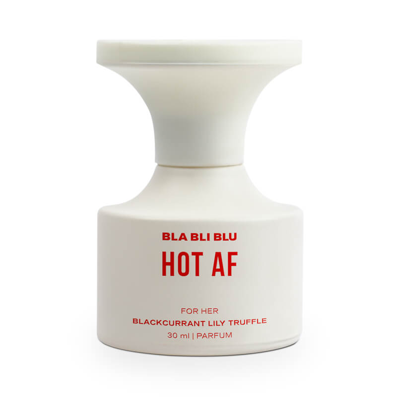White perfume bottle with red text on a white background