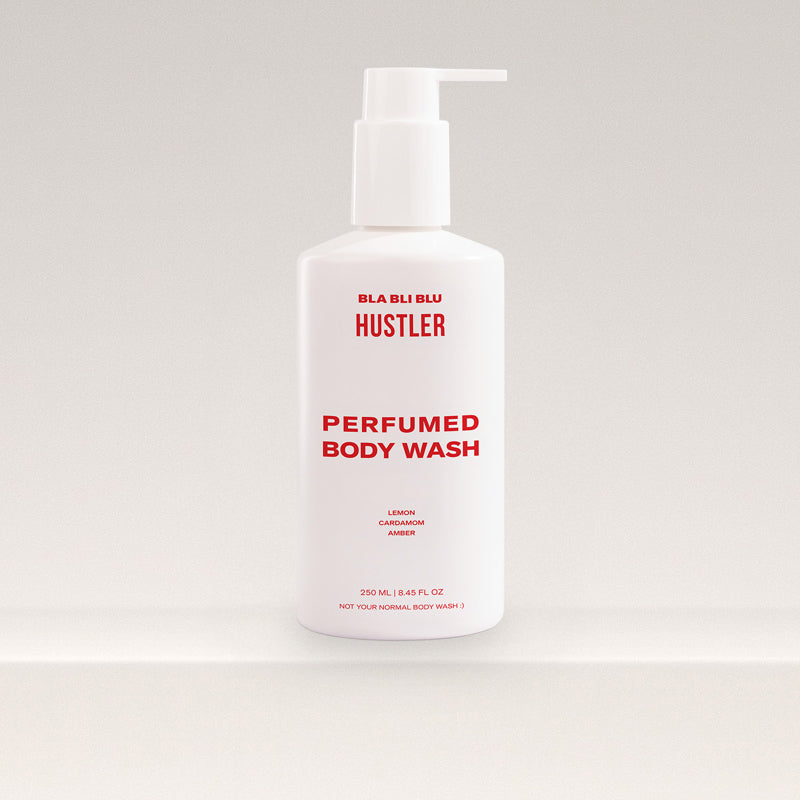 Hustler Perfumed Body Wash bottle with pump on a light gray background