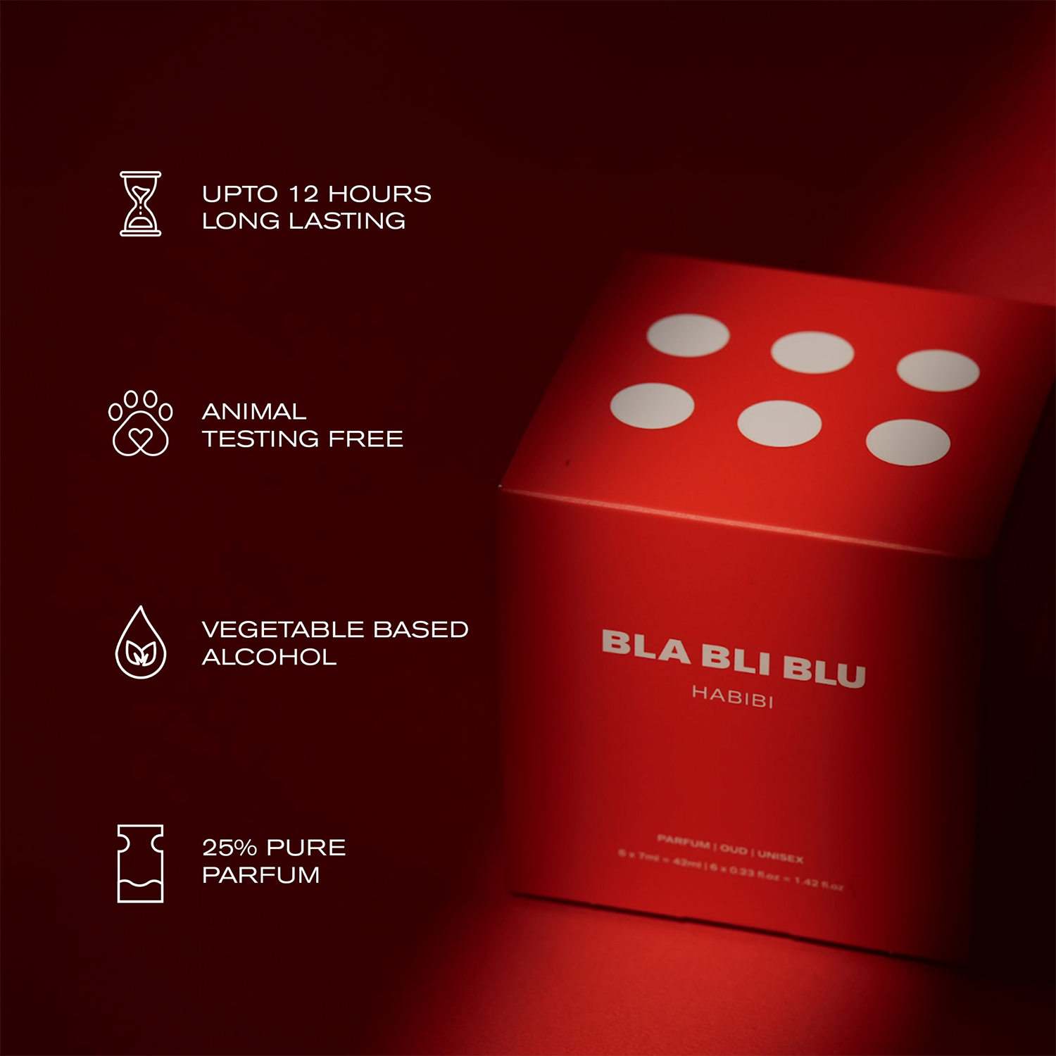 Red BLA BLI BLU Habibi perfume box with product features on a dark background