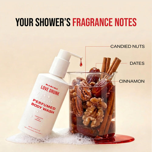 Perfumed body wash bottle with a glass of candied nuts.